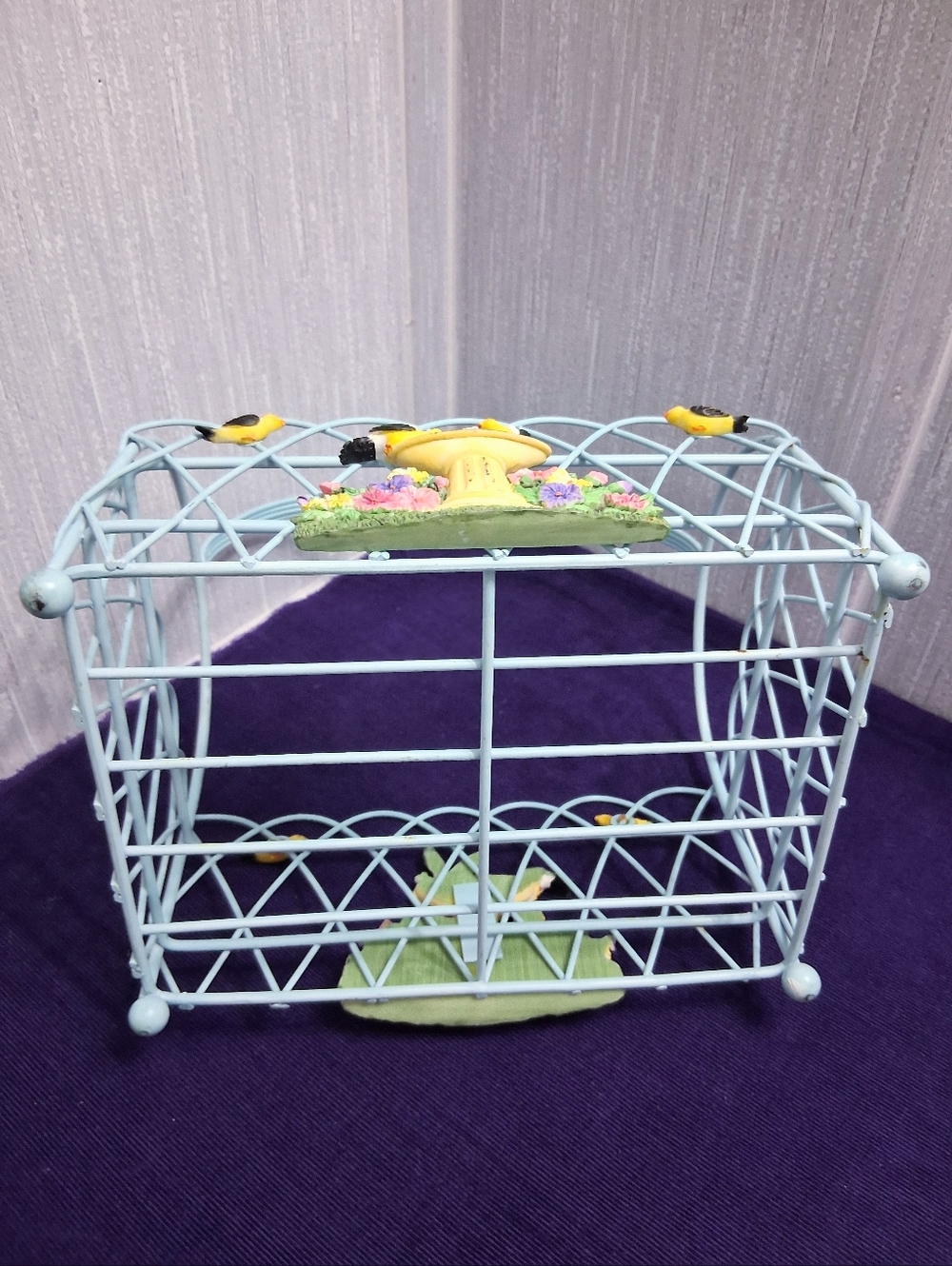 Vintage Whimsical Birdbath Basket With Bird Decorations Light Blue Metal - Picture 11 of 12